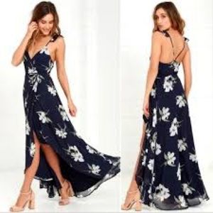 All Mine Navy Blue Floral Print High-Low Wrap Dress